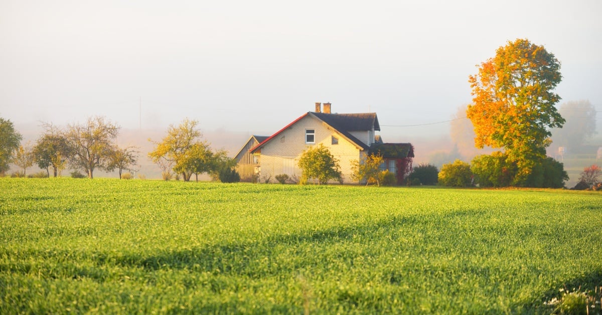 A small home set between plowed green farmland and a shallow valley covered in a morning fog in the fall.