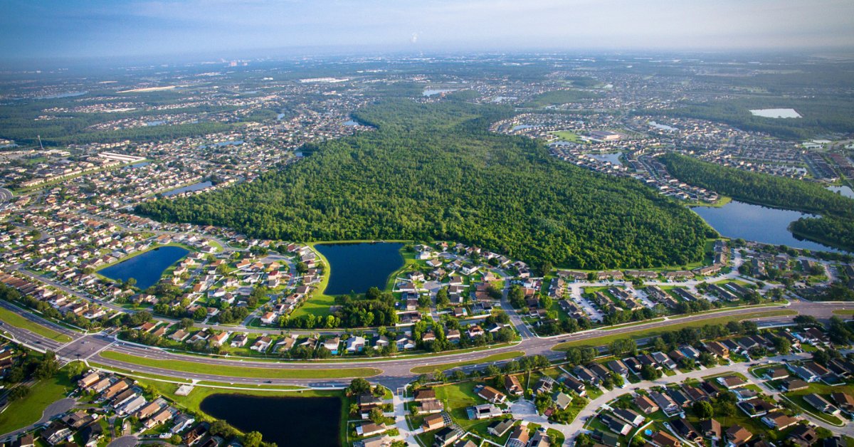 An aerial view of the town of Kissimmee, Florida. Rows of similar sized houses are interspersed by small ponds.