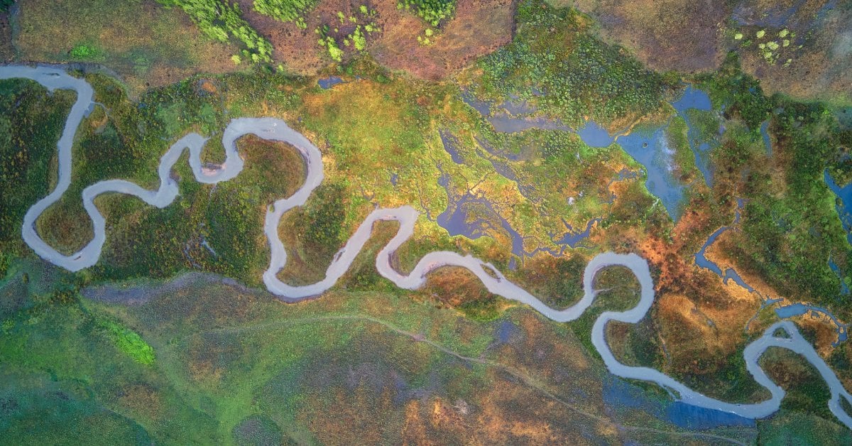 An aerial top-down view of a very windy and thin river cutting through some green landscape in Colorado.